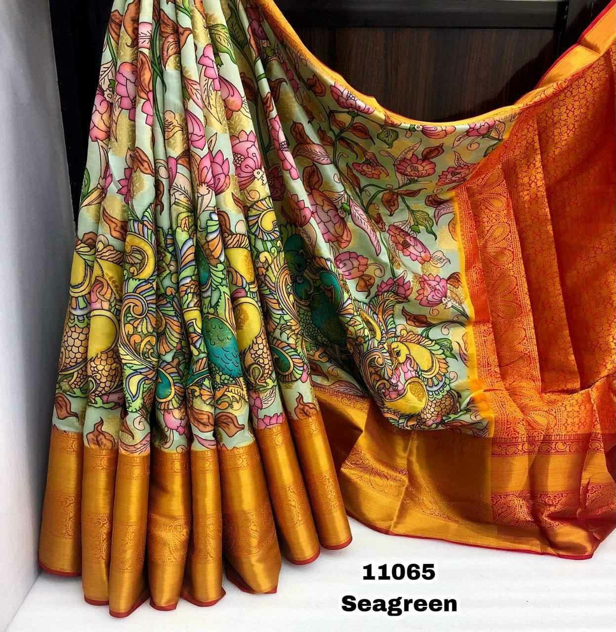 Handmade pen Kalamkari |Kanjeevaram pattu silk saree - Branded sarees