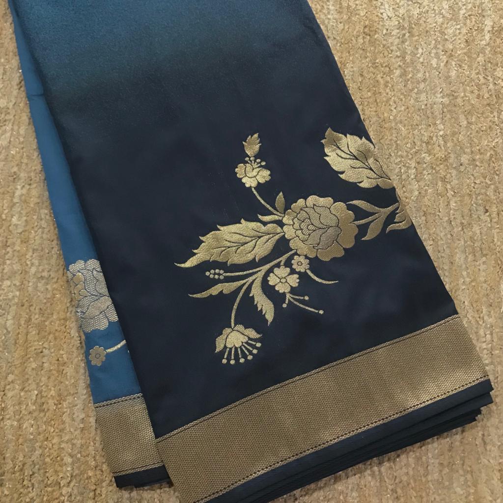 Silver zari handwoven floral designer pattern pure soft katan banarasi silk saree - Vannamayil Fashions