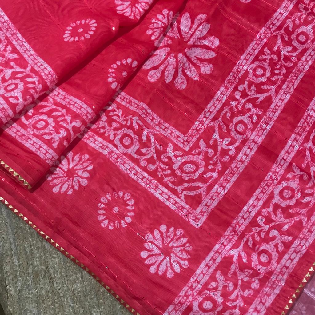 Soft batik printed with all over horizontal sequence lines and gota patti border chanderi silk saree - Vannamayil Fashions
