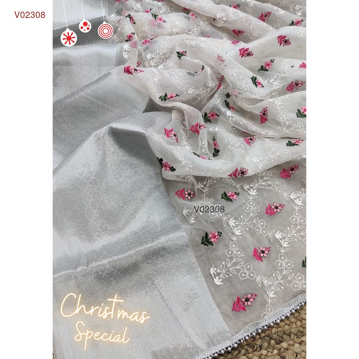Organza weaving border silk saree (organza with silver border) with embroidery work all over saree - Vannamayil Fashions