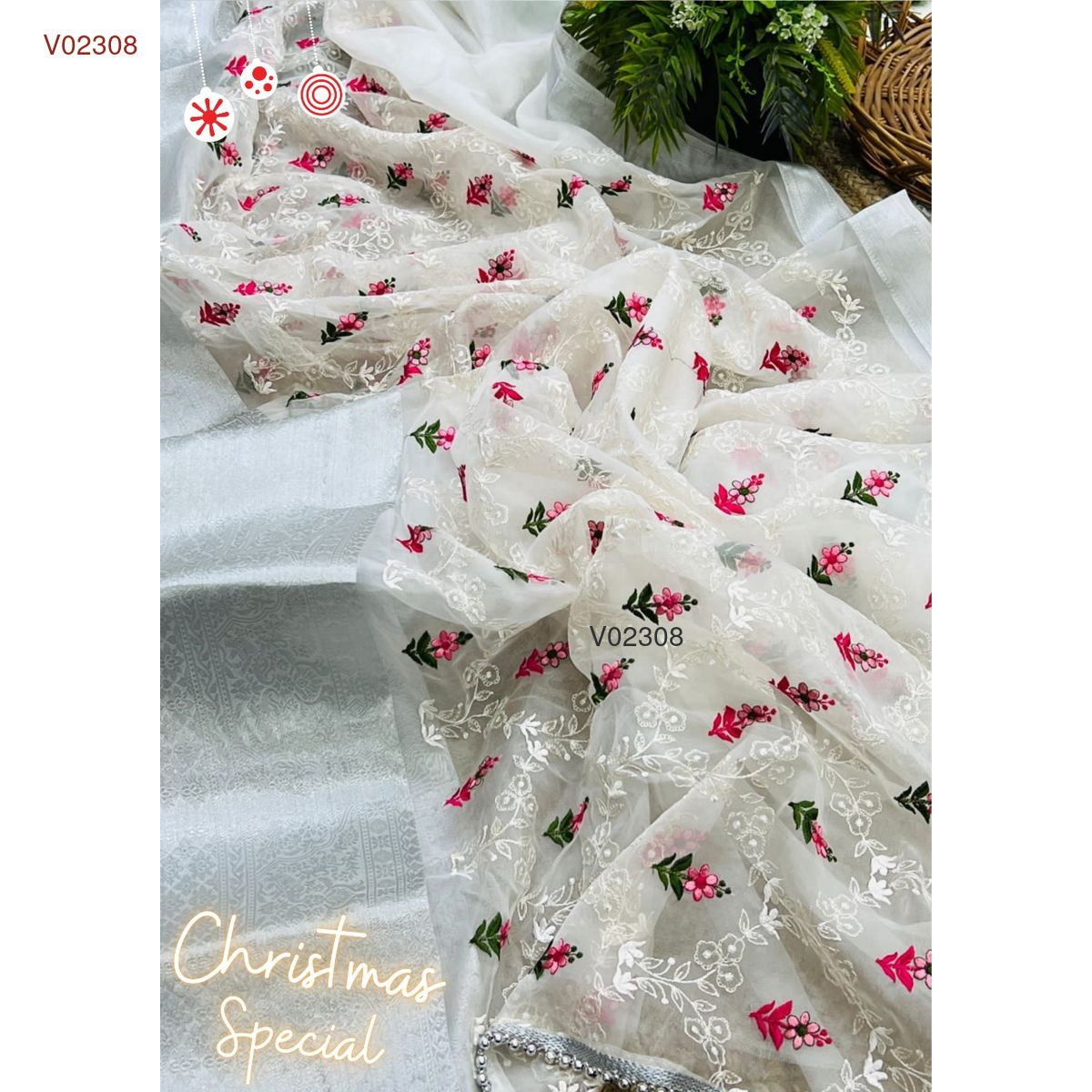 Organza weaving border silk saree (organza with silver border) with embroidery work all over saree - Vannamayil Fashions