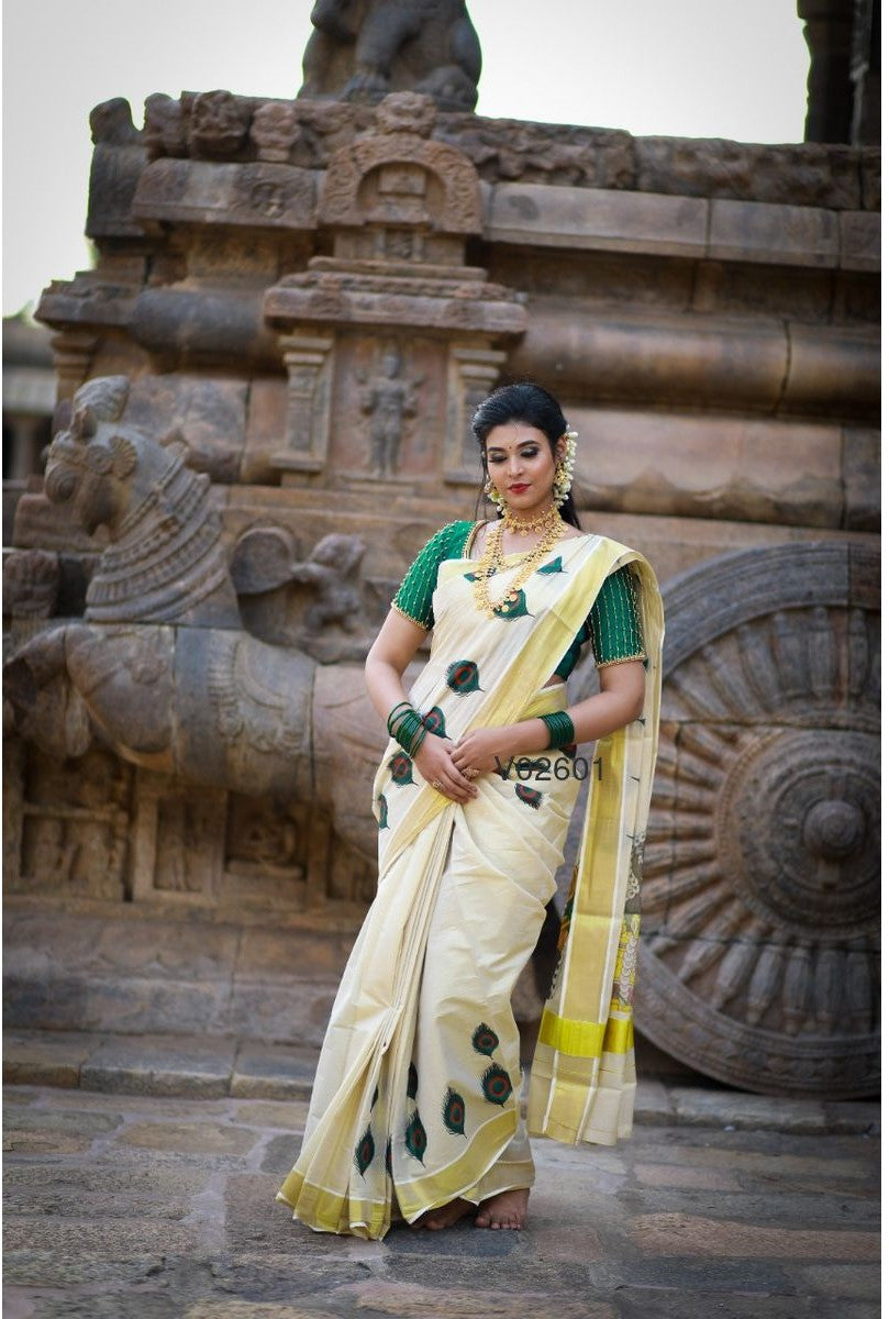 Silver Tissue Sarees : Shop Silver Tissue Kasavu Saree With Embroidered  Foliage Designs at Soch )