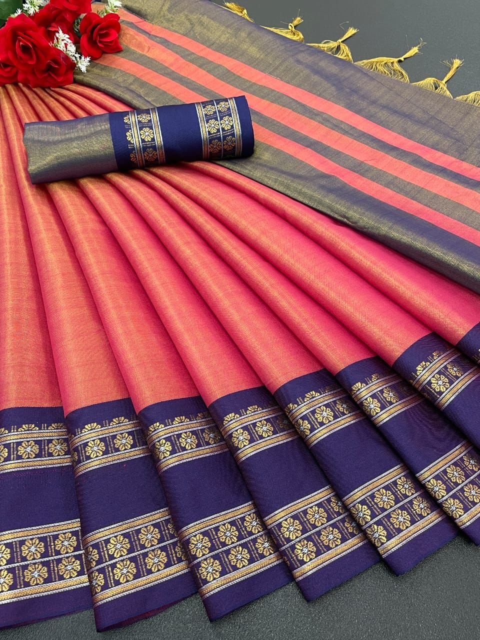 Zari cotton silk saree with broad contrast jacquard work border