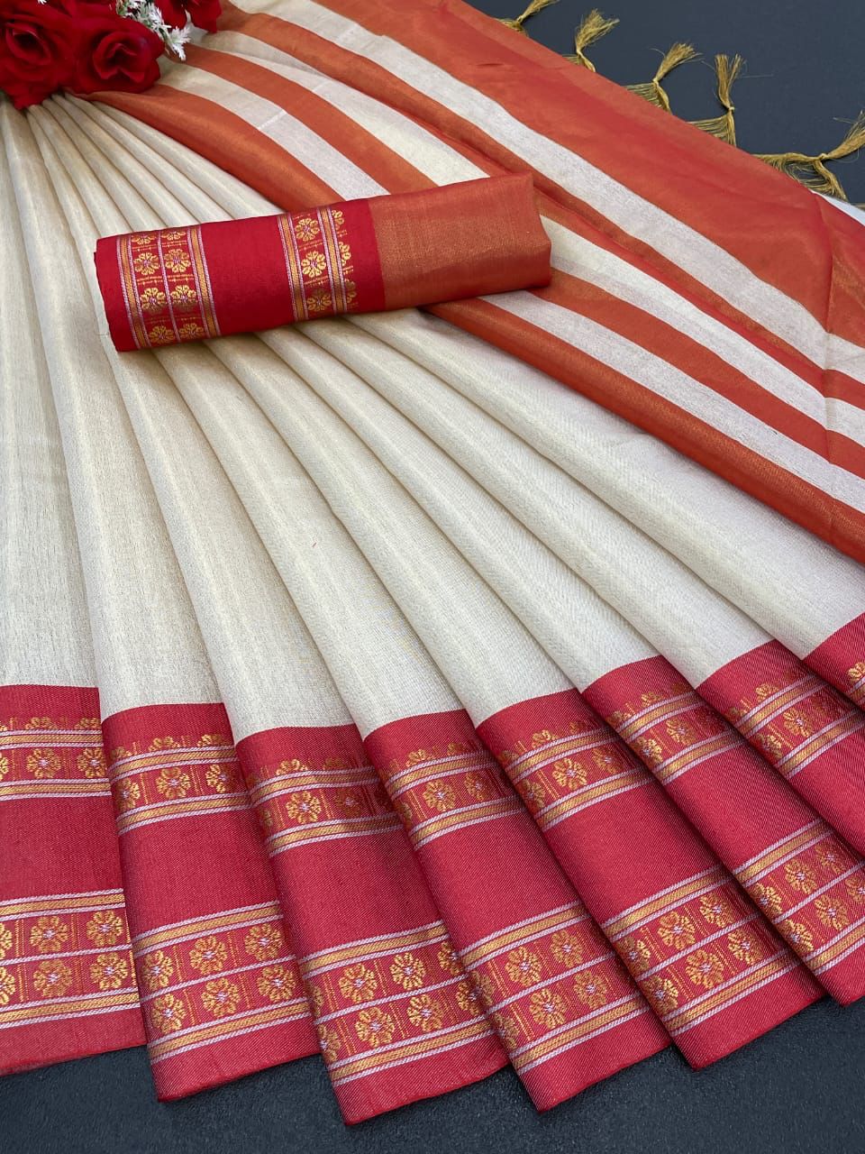 Zari cotton silk saree with broad contrast jacquard work border - Vannamayil Fashions
